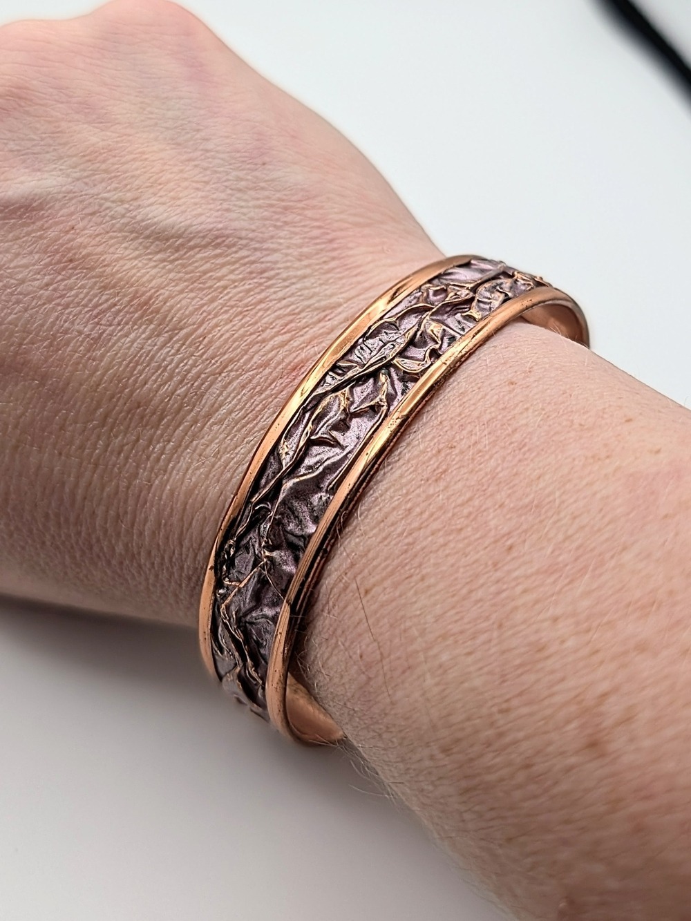 Artisan Textured Copper Cuff Bracelet in Copper and Pink - Picture 3 of 6